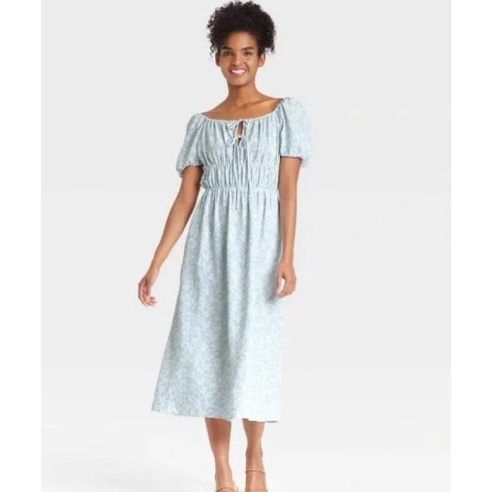 Who What Wear Blue Floral Milkmaid Dress Size Large Cottagecore Puff Sleeve Midi